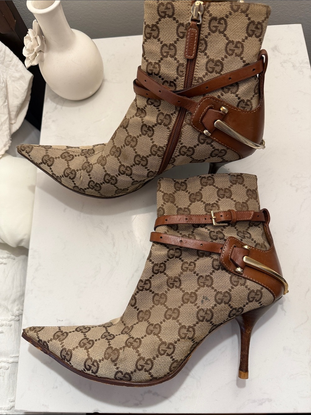 Gucci Beige and Brown GG Canvas Ankle Boots with Leather Straps